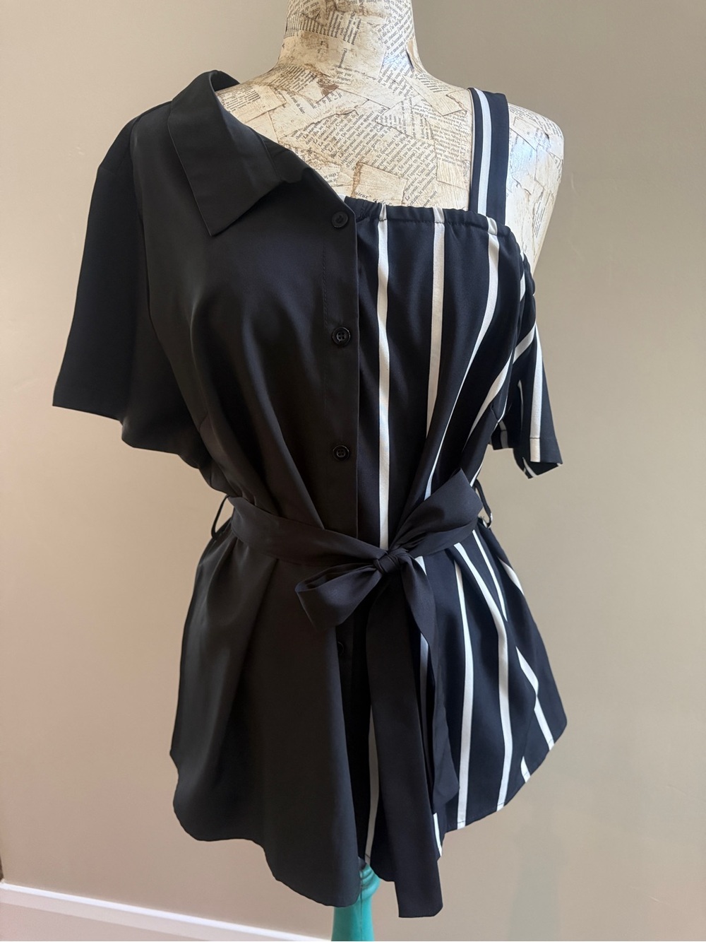 SHEIN Black Asymmetrical Striped Tie-Waist Tunic